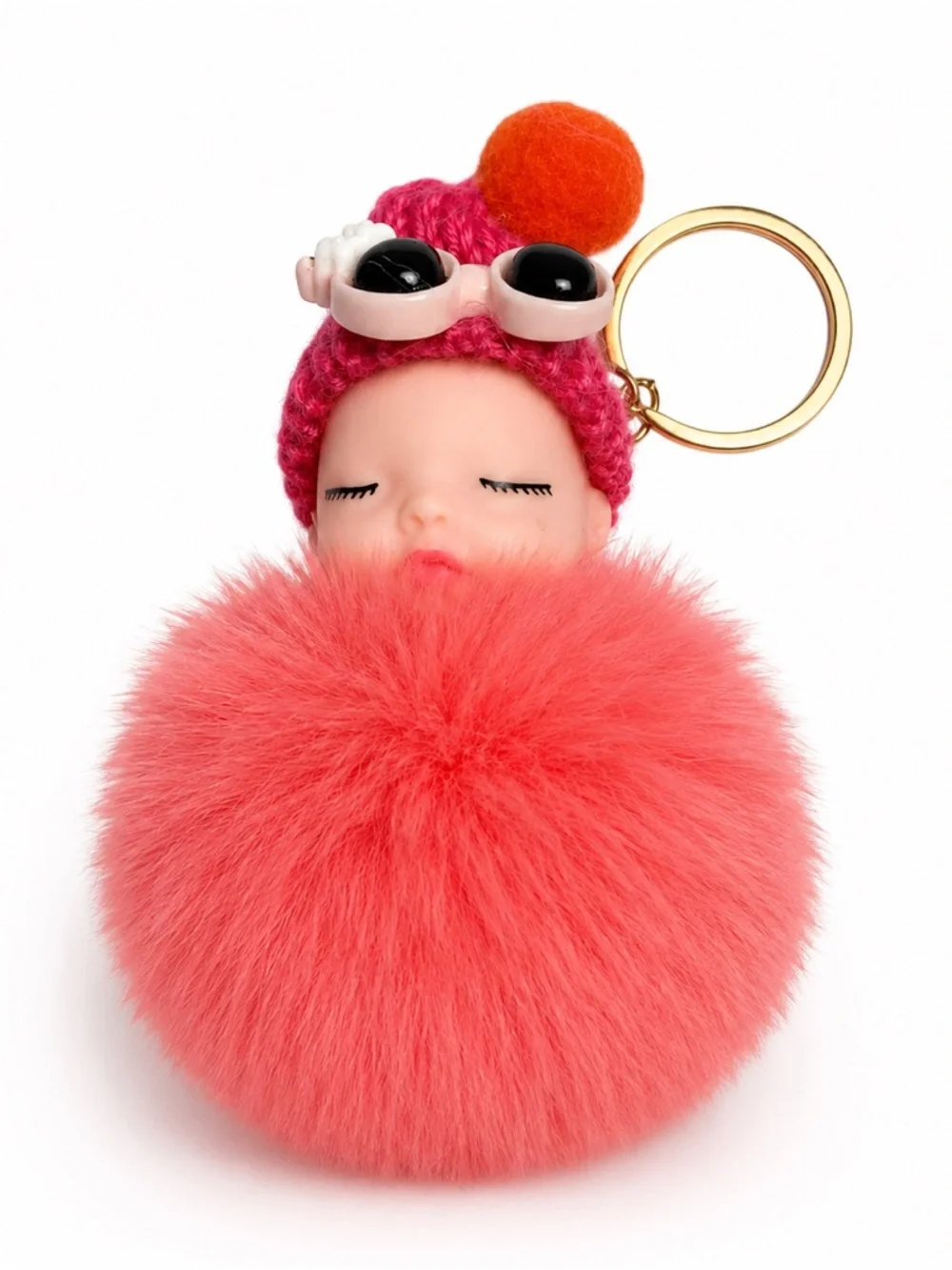 Sleeping Baby Faux Fur Pom Pom Keychain Purse Charm | 9 Colors